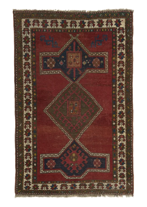 Caucasian Rug Kazak Handmade Area Tribal Vintage 3'7"x5'8" (4x6) Red Green Geometric Design #30241