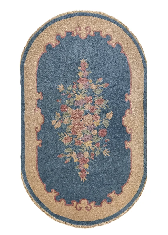 Oriental Rug Chinese Handmade Round Traditional 4'1"x6'10" (4x7) Blue Pink Floral Carved Oval Design #35507