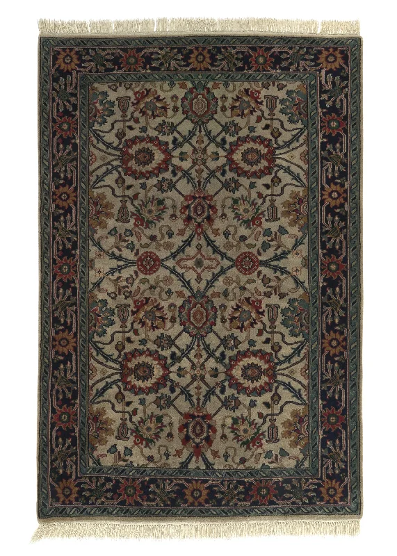 Oriental Rug Indian Handmade Area Traditional 4'0"x5'11" (4x6) Whites/Beige Blue Floral Design #16309