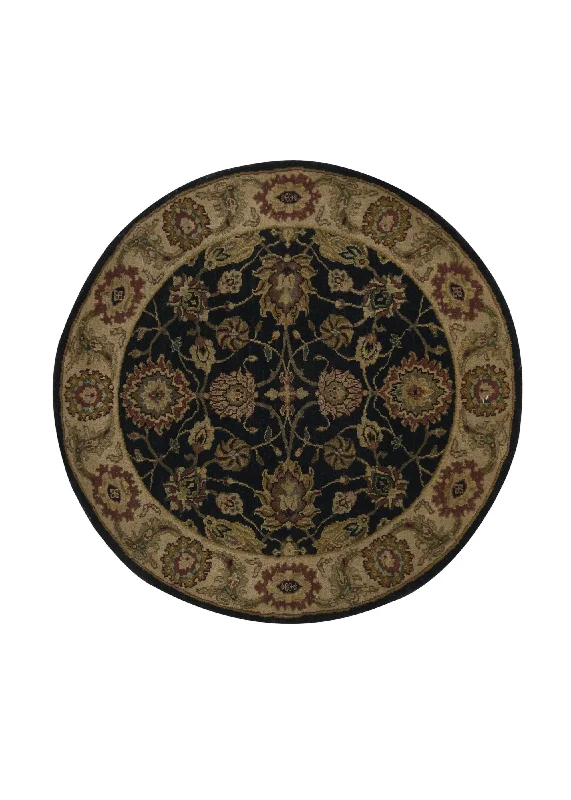 Oriental Rug Indian Handmade Round Traditional 3'0"x3'0" (3x3) Black Yellow/Gold Jaipur Design #30389