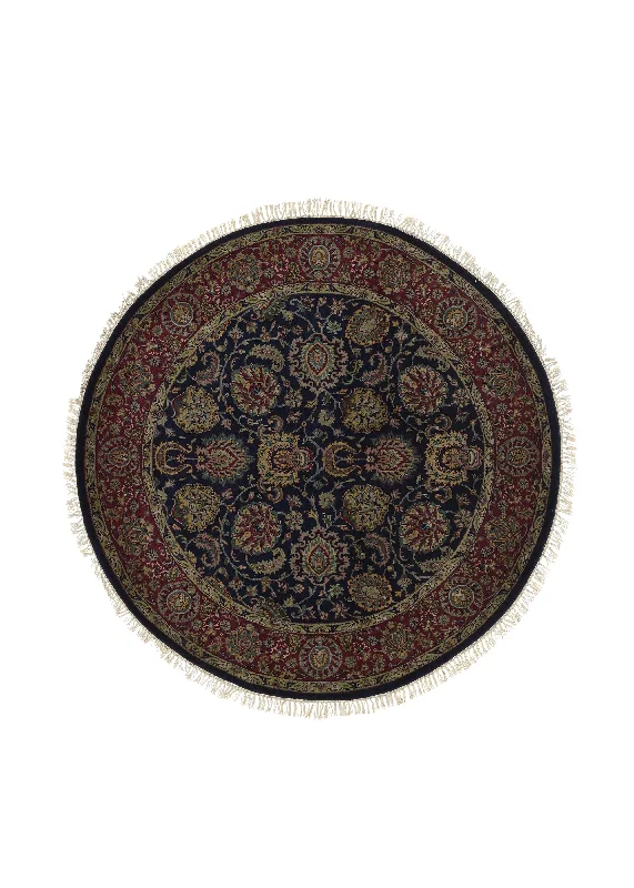 Oriental Rug Indian Handmade Round Transitional 5'11"x5'11" (6x6) Blue Red Jaipur Floral Design #33727