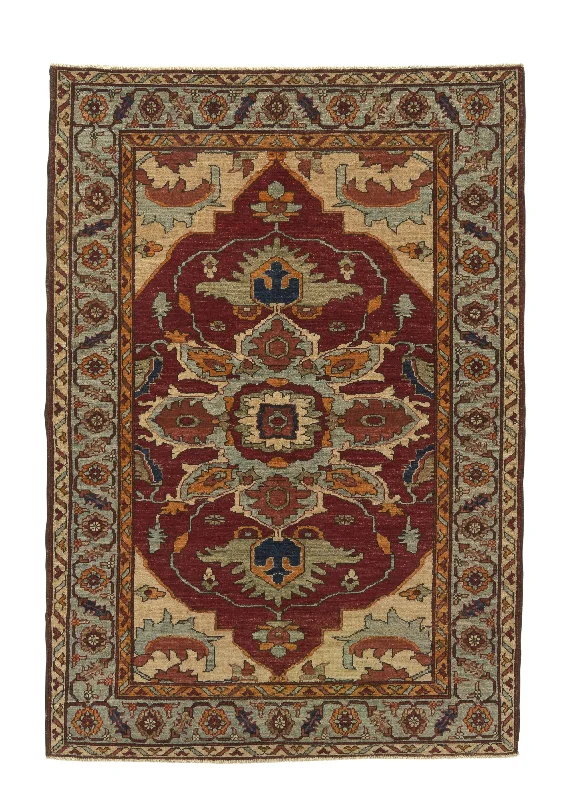 Oriental Rug Pakistani Handmade Area Transitional 4'3"x6'1" (4x6) Red Blue Heriz Design #35394