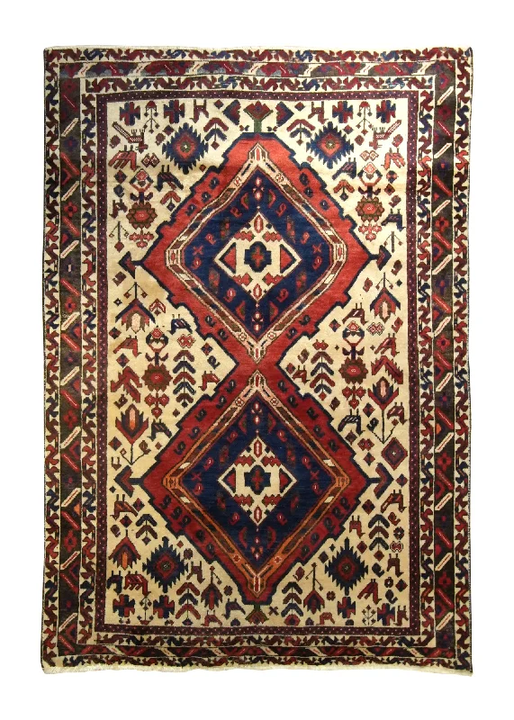 Persian Rug Afshar Handmade Area Tribal Vintage 3'10"x5'8" (4x6) Whites/Beige Red Geometric Animals Design #A35621