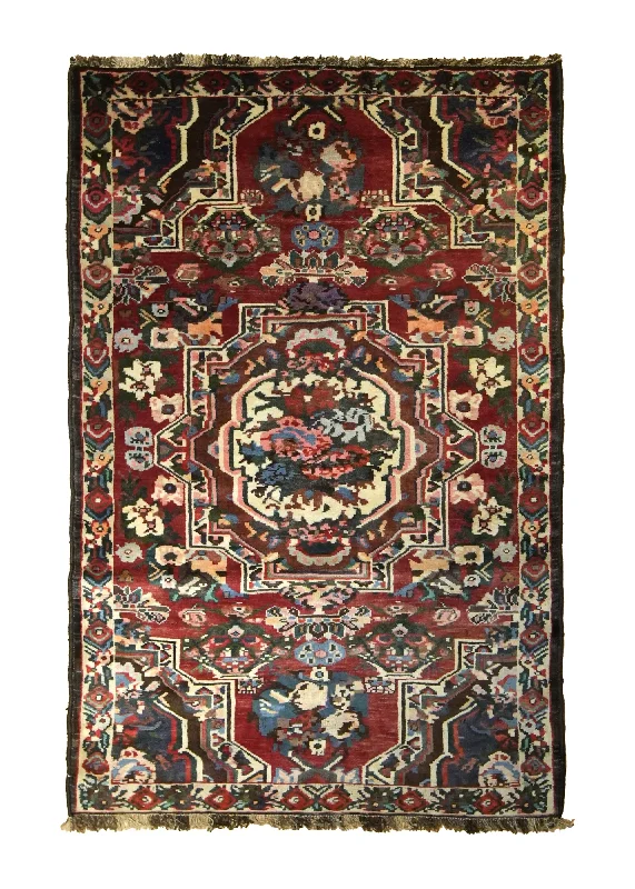 Persian Rug Bakhtiari Handmade Area Tribal Vintage 3'8"x5'8" (4x6) Red Green Floral Gol Farang Design #A35619