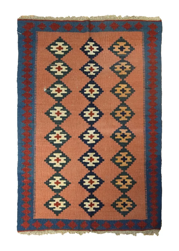 Persian Rug Ghashghaei Handmade Area Tribal 2'7"x3'11" (3x4) Pink Blue Geometric Kilim Design #A35617