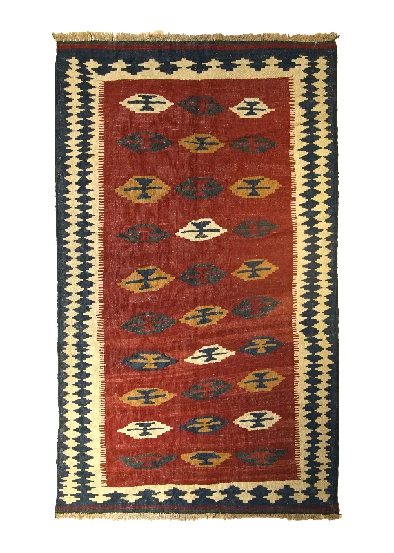 Persian Rug Ghashghaei Handmade Area Tribal Vintage 3'10"x6'2" (4x6) Red Blue Geometric Kilim Design #A35620