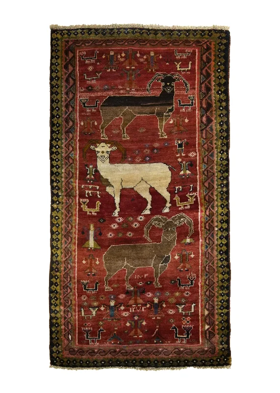 Persian Rug Shiraz Handmade Area Tribal Vintage 3'2"x6'2" (3x6) Red Pictorial Animals Design #A35618