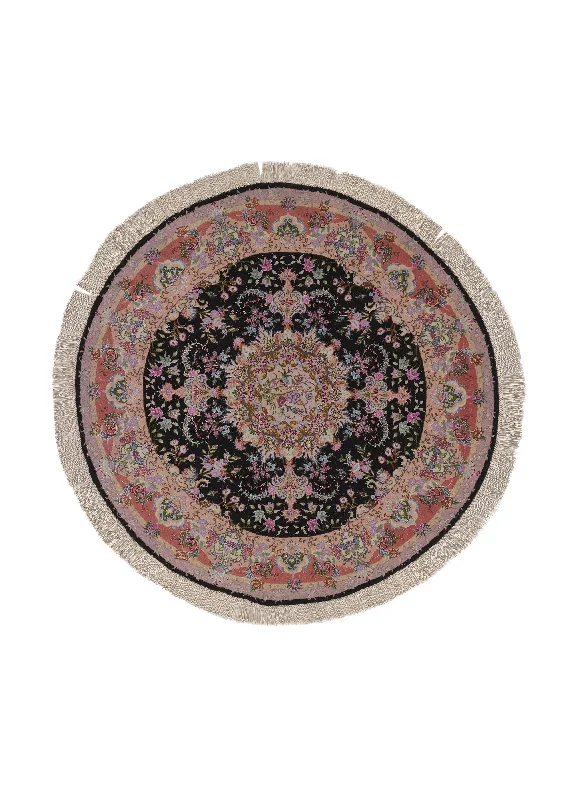 Persian Rug Tabriz Handmade Round Traditional 4'9"x4'9" (5x5) Pink Black Floral Naghsh Design #31604