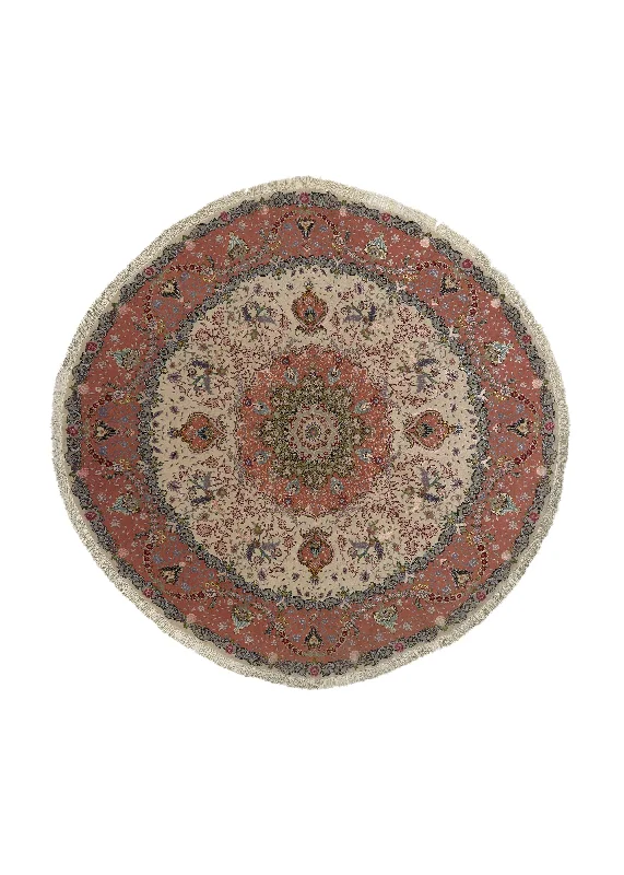 Persian Rug Tabriz Handmade Round Traditional 6'3"x6'3" (6x6) Pink Whites/Beige Floral Naghsh Design #32076