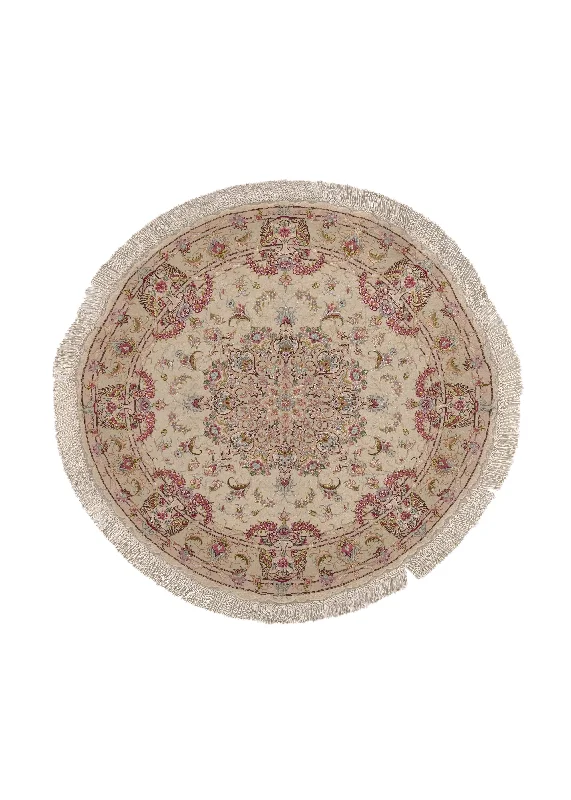 Persian Rug Tabriz Handmade Round Traditional 4'10"x4'10" (5x5) Whites/Beige Pink Floral Naghsh Design #32968