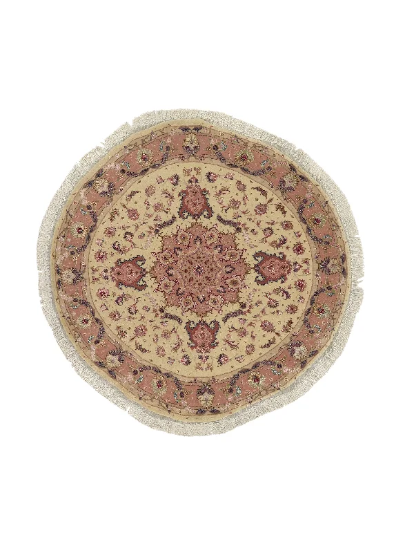 Persian Rug Tabriz Handmade Round Traditional 6'2"x6'3" (6x6) Pink Whites/Beige Floral Naghsh Design #35185