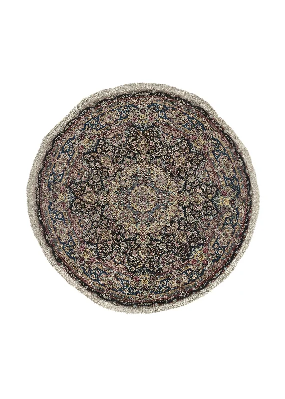 Persian Rug Tabriz Handmade Round Traditional 6'10"x6'10" (7x7) Black Pink Naghsh Floral Design #34675