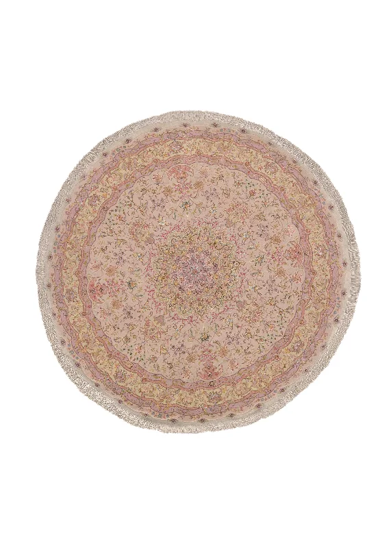 Persian Rug Tabriz Handmade Round Traditional 6'7"x6'7" (7x7) Pink Naghsh Floral Design #22124