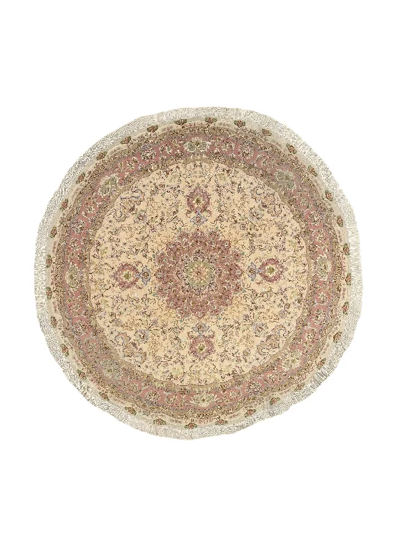 Persian Rug Tabriz Handmade Round Traditional 6'7"x6'7" (7x7) Pink Yellow/Gold Naghsh Floral Design #34574