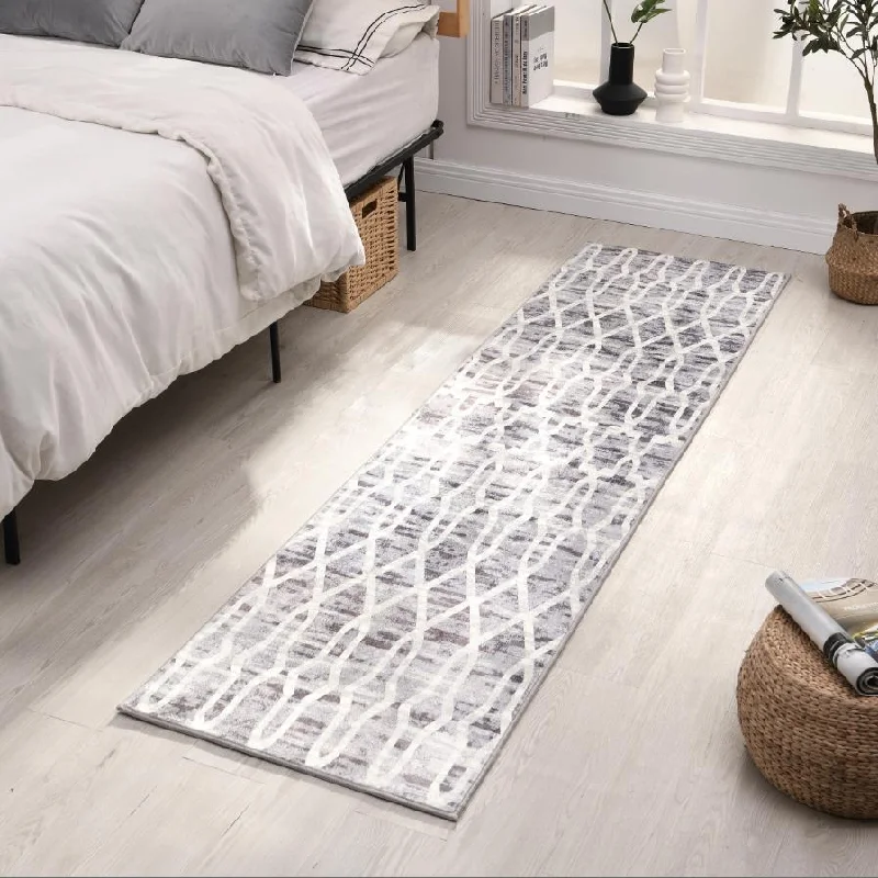 Trellis Grey Distressed Printed Runner 60 x 230 cm