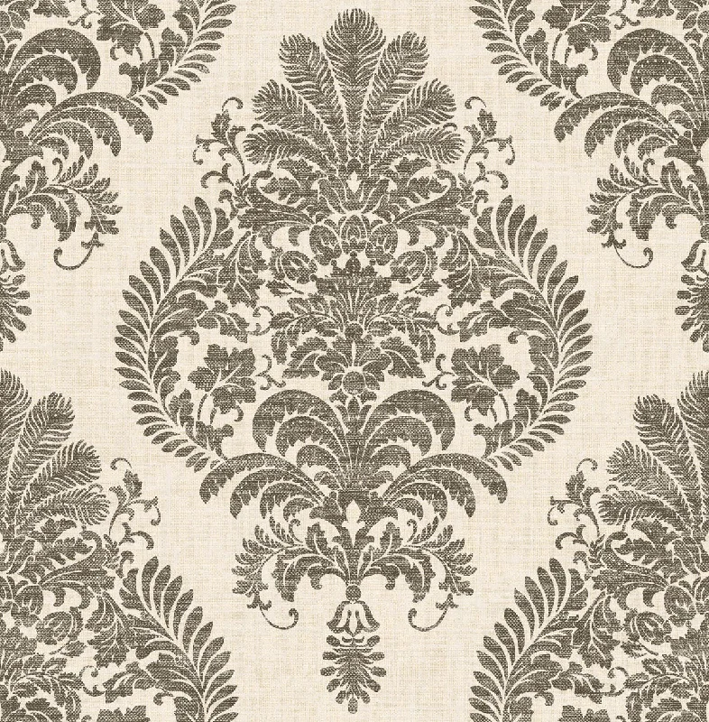 Antigua Damask Wallpaper in Charcoal and Ivory from the Luxe Retreat Collection