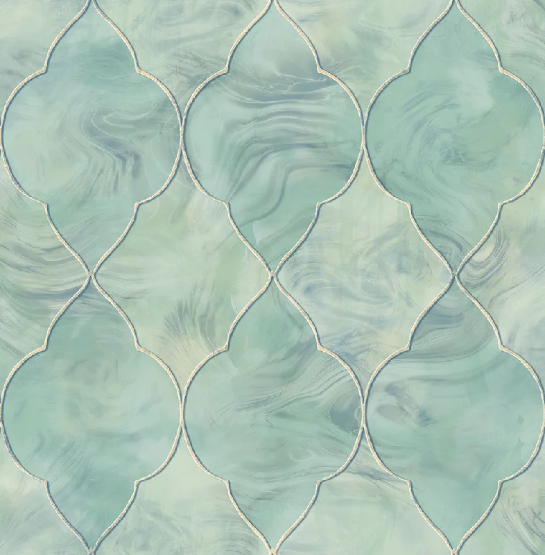 Baroque Glass Wallpaper in Blue, Gold, and Cream from the Aerial Collection