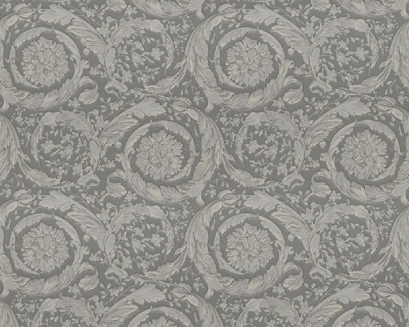 Classic Ornament Flowers Textured Luxury Wallpaper in Grey/Metallic