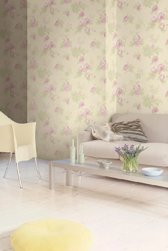 Degas Flowers Wallpaper in Cream and Purple from the Watercolor Florals Collection