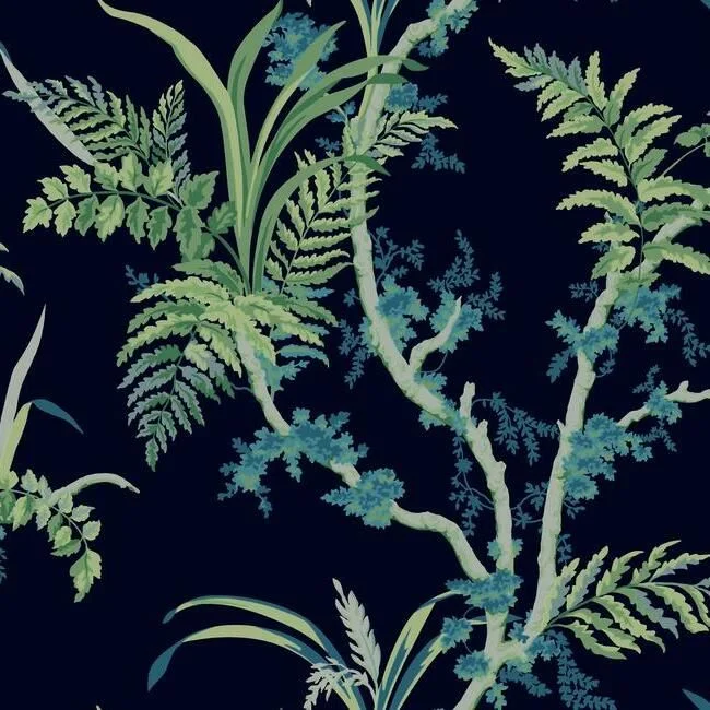 Enchanted Fern Wallpaper in Navy and Green from the Grandmillennial Collection