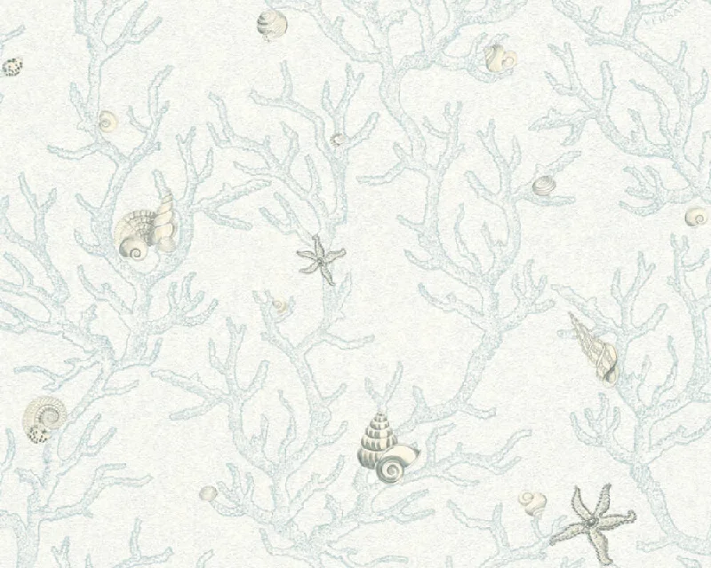 Floral Corals Seashells Textured Luxury Wallpaper in Blue/Metallic