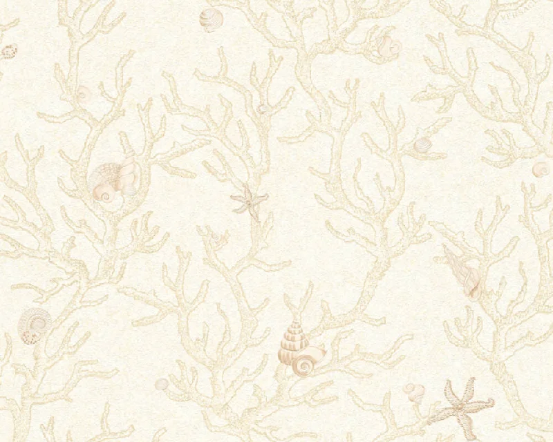 Floral Corals Seashells Textured Luxury Wallpaper in Cream/Metallic