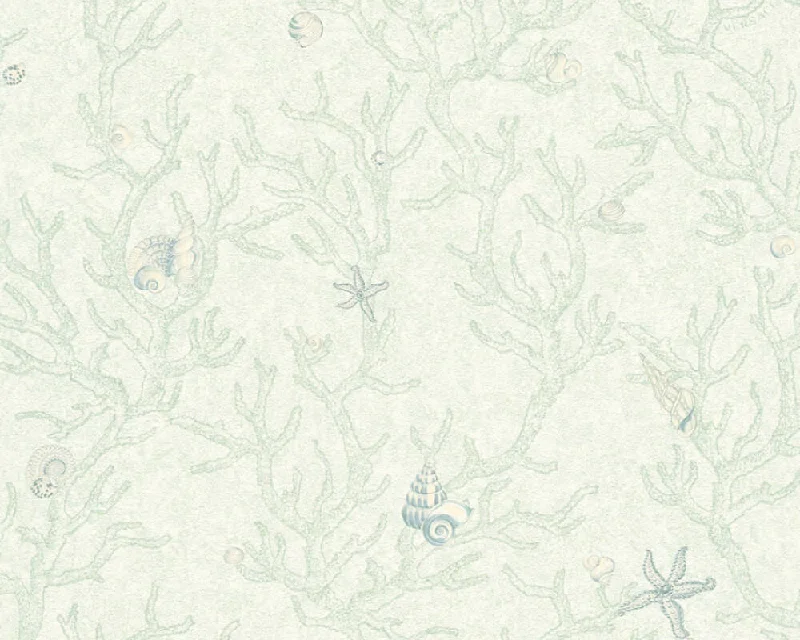 Floral Corals Seashells Textured Luxury Wallpaper in Green/Metallic