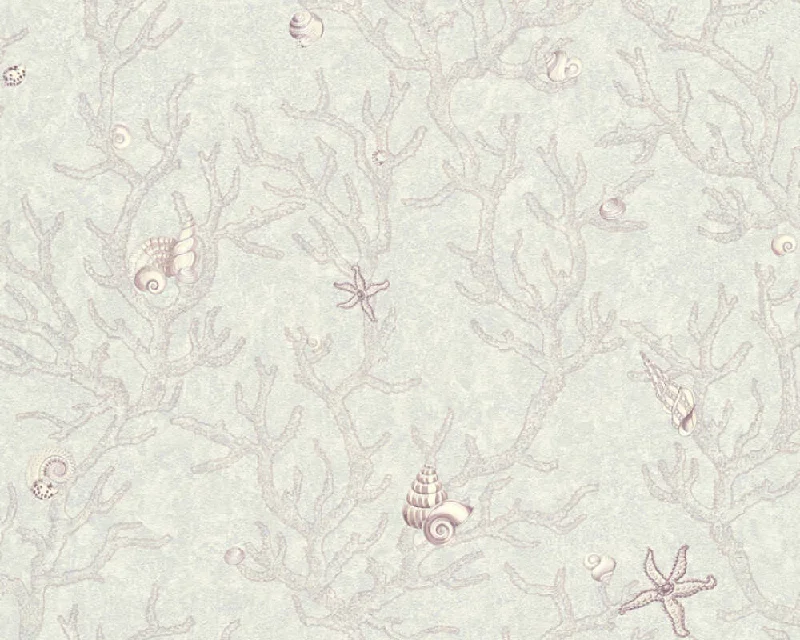 Floral Corals Seashells Textured Luxury Wallpaper in Grey/Purple/Metallic