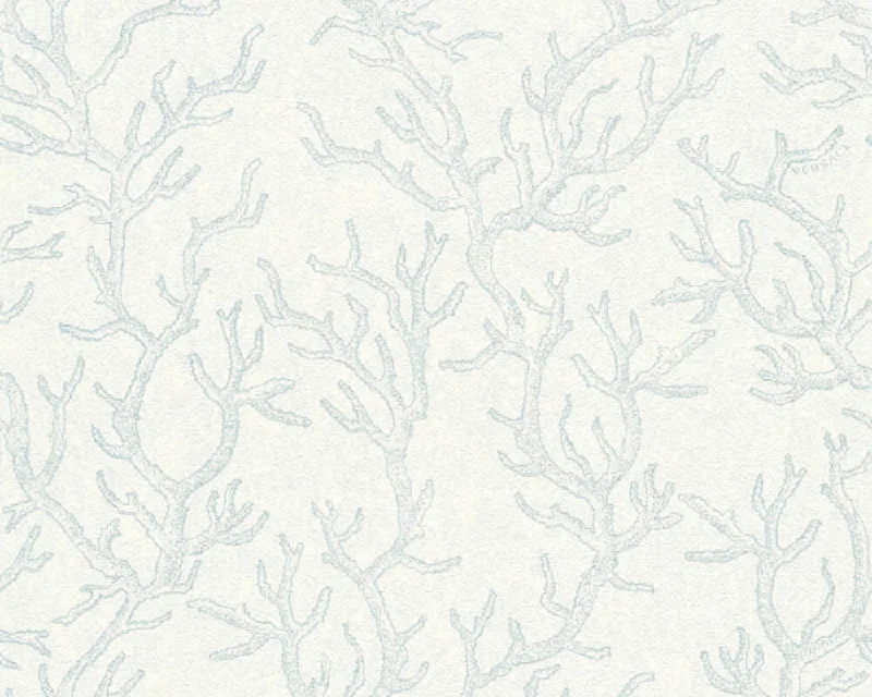 Floral Corals Textured Luxury Wallpaper in Blue/Metallic