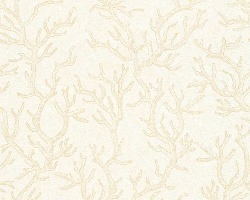 Floral Corals Textured Luxury Wallpaper in Cream/Metallic