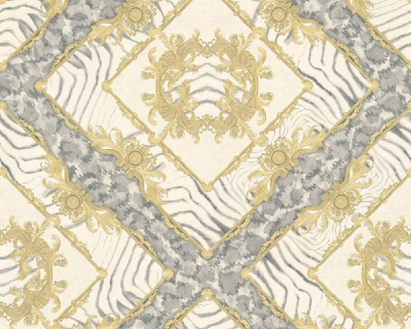 Floral Rhombuses Textured Luxury Wallpaper in Cream/Grey/Metallic