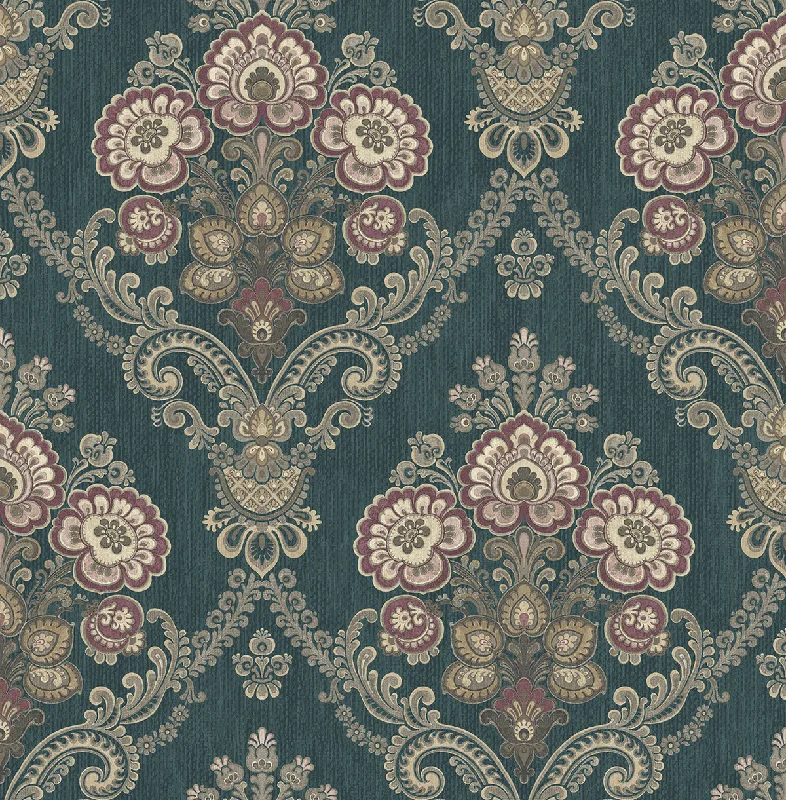 Framed Imperial Bouquet Wallpaper in Deep Teal from the Caspia Collection