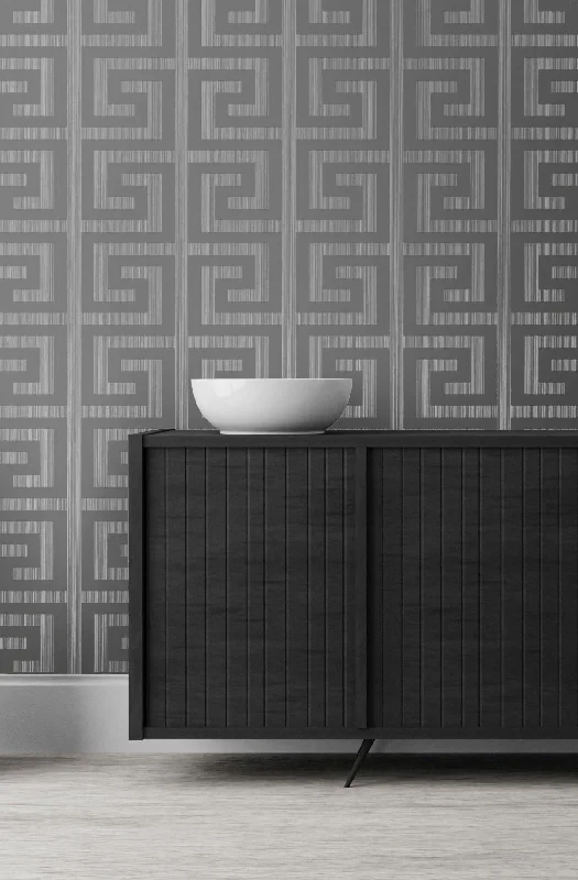 Greek Key Wallpaper in Silver and Earl Grey from the Essential Textures Collection