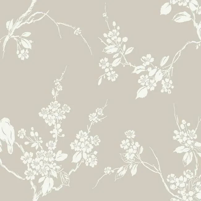 Imperial Blossoms Branch Wallpaper in Grey and White from the Silhouettes Collection