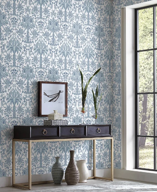 Palmetto Palm Damask Wallpaper in Blue from Damask Resource Library