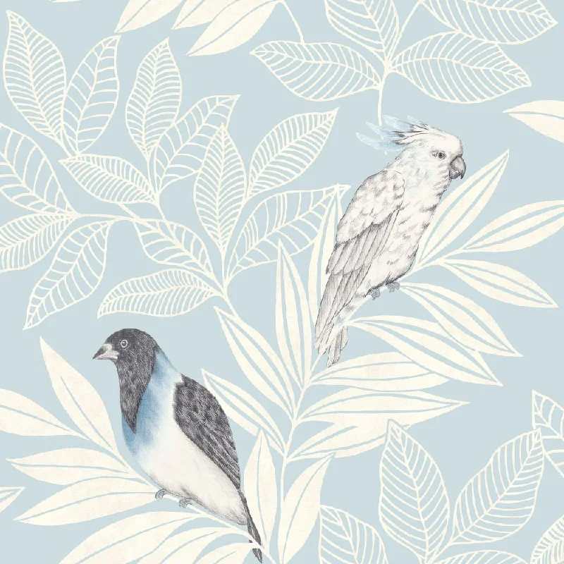 Paradise Island Birds Wallpaper in Blue Oasis/Ivory from the Boho Rhapsody Collection