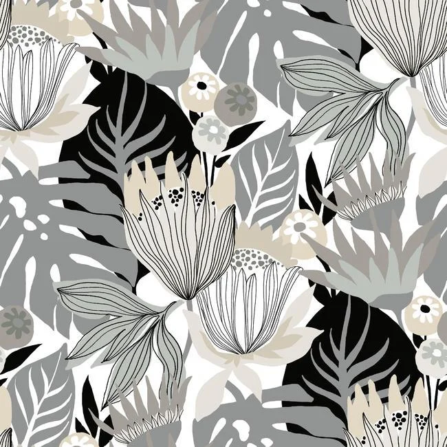 Retro Tropical Leaves Peel & Stick Wallpaper in Neutral