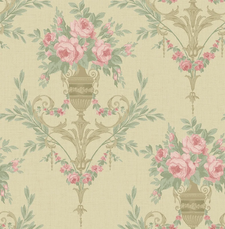 Rose Urn Wallpaper in Bronze and Beige from the Watercolor Florals Collection