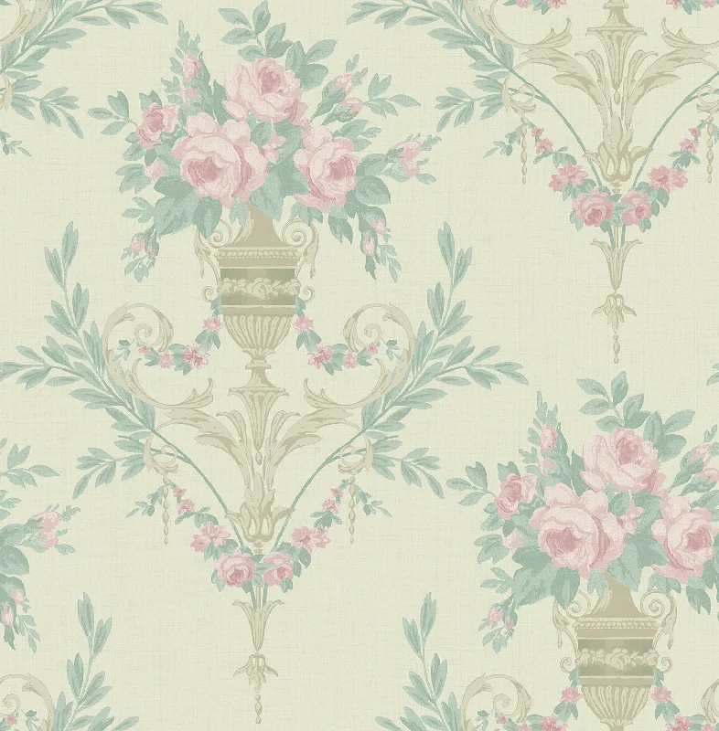 Rose Urn Wallpaper in Cream and Pink from the Watercolor Florals Collection