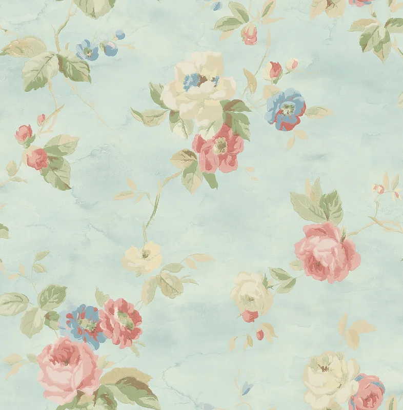 Watercolor Trail Wallpaper in Blue and Rose from the Watercolor Florals Collection