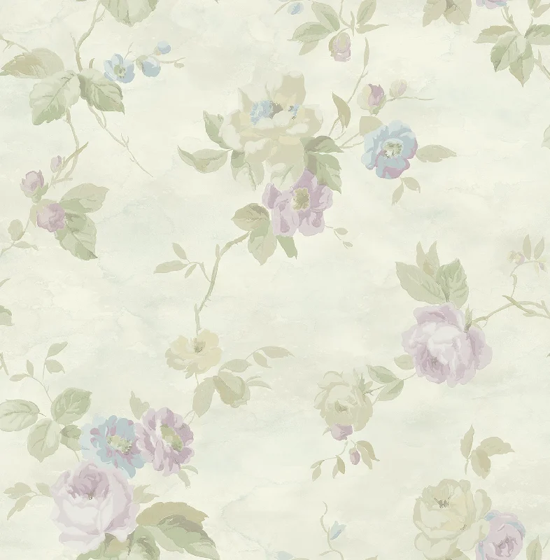 Watercolor Trail Wallpaper in Cream and Blue from the Watercolor Florals Collection