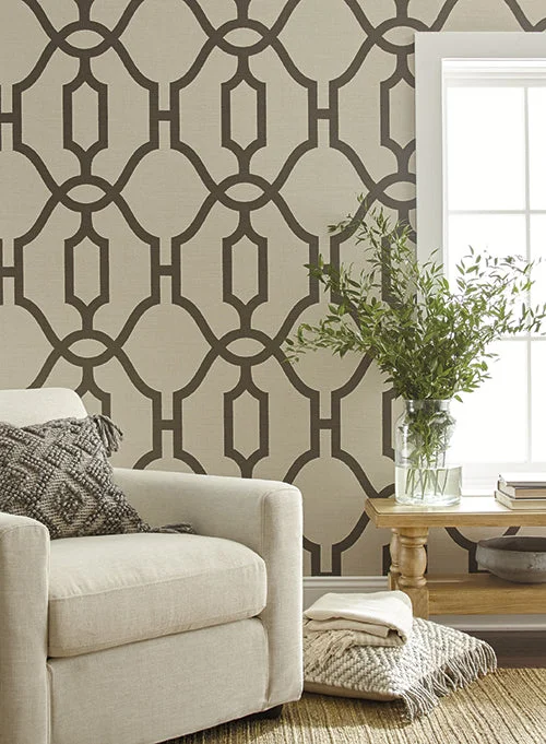 Woven Trellis Wallpaper in Charcoal on Khaki from Magnolia Home Vol. 2