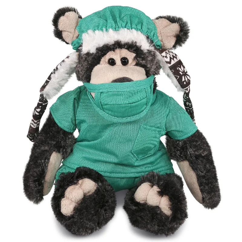 DolliBu Black Bear Doctor Plush with Cute Scrub Uniform and Cap Outfit - 12.5 inches