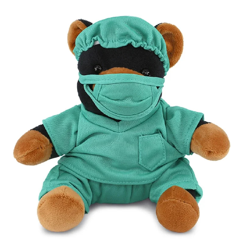 DolliBu Black Bear Doctor Plush with Cute Scrub Uniform and Cap Outfit - 6 inches