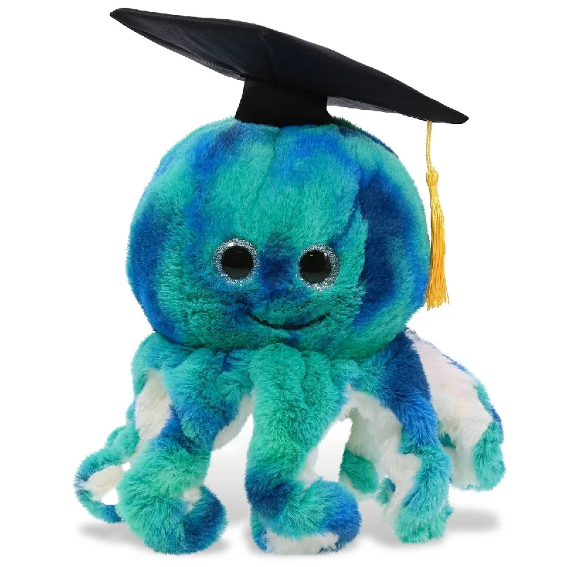 DolliBu Blue Tie-Dye Octopus Graduation Plush Toy with Gown and Cap - 10 inches