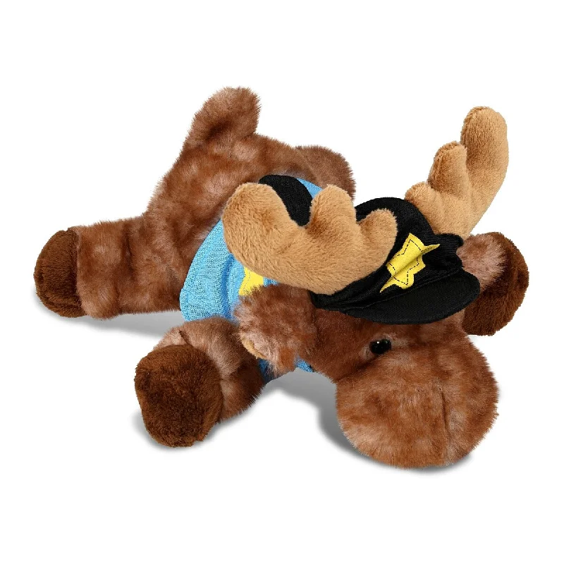 DolliBu Brown Lying Moose Police Officer Plush Toy with Cop Uniform - 9 inches