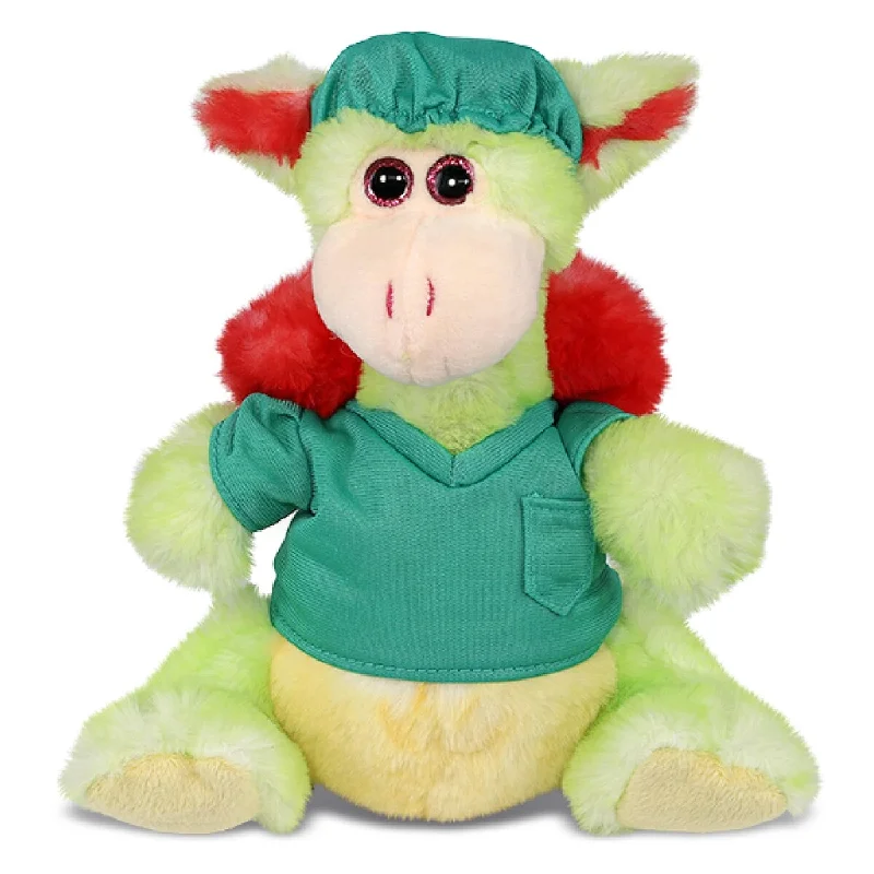 DolliBu Dragon Doctor Plush Toy with Cute Scrub Uniform and Cap Outfit - 8 inches