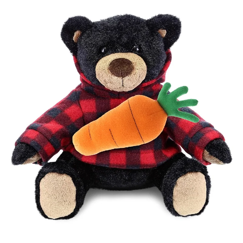 DolliBu Happy Easter Plush Black Bear with Red Plaid Hoodie and Carrot - 10 inches