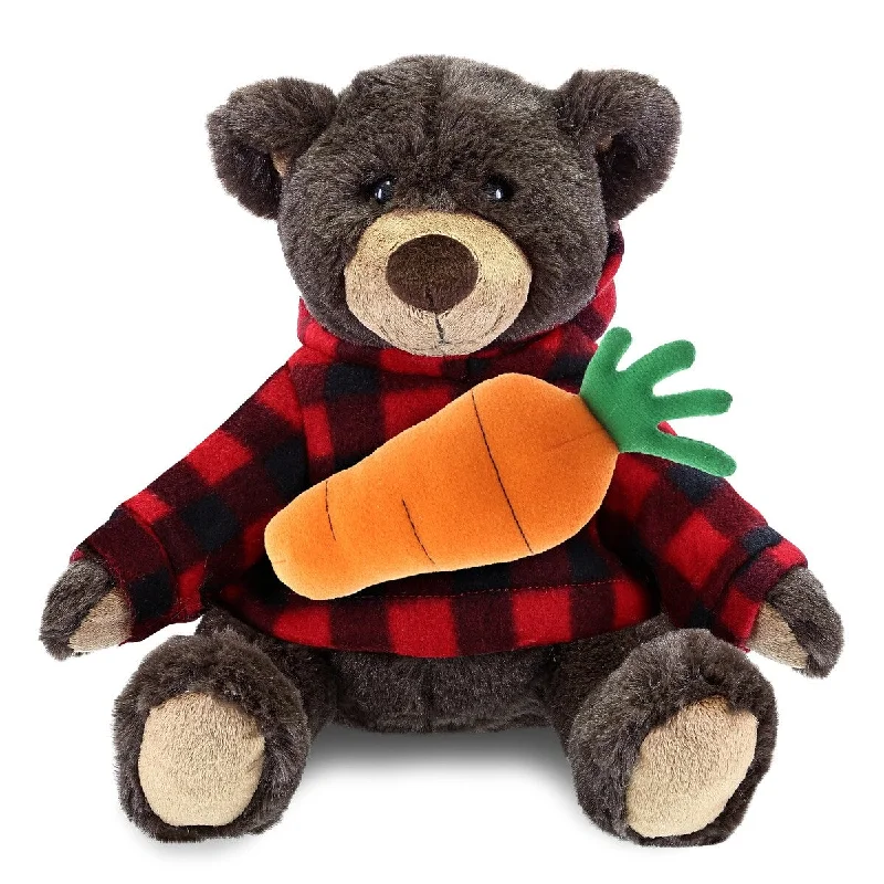 DolliBu Happy Easter Plush Brown Bear with Red Plaid Hoodie and Carrot - 10 inches