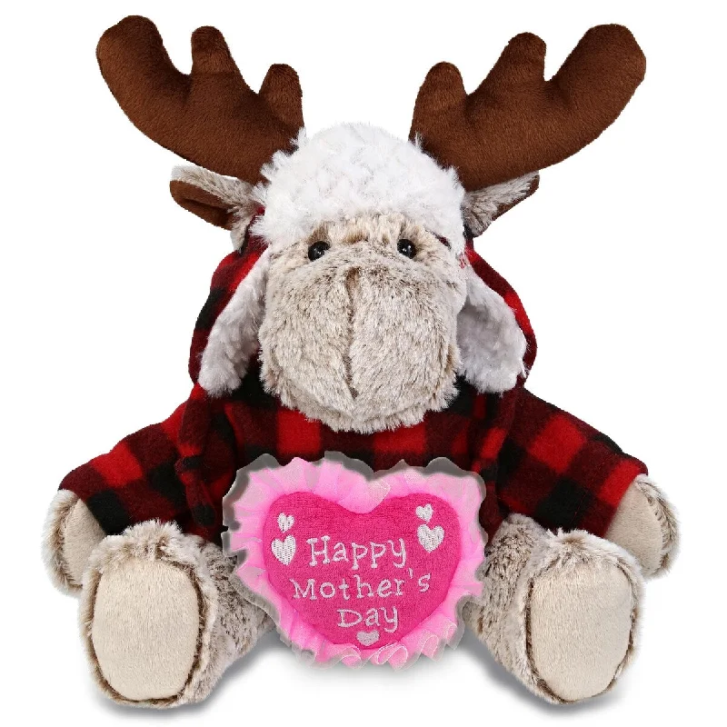 DolliBu Happy Mother’s Day Super Soft Plush Red Plaid Outfit Moose - 9 inches